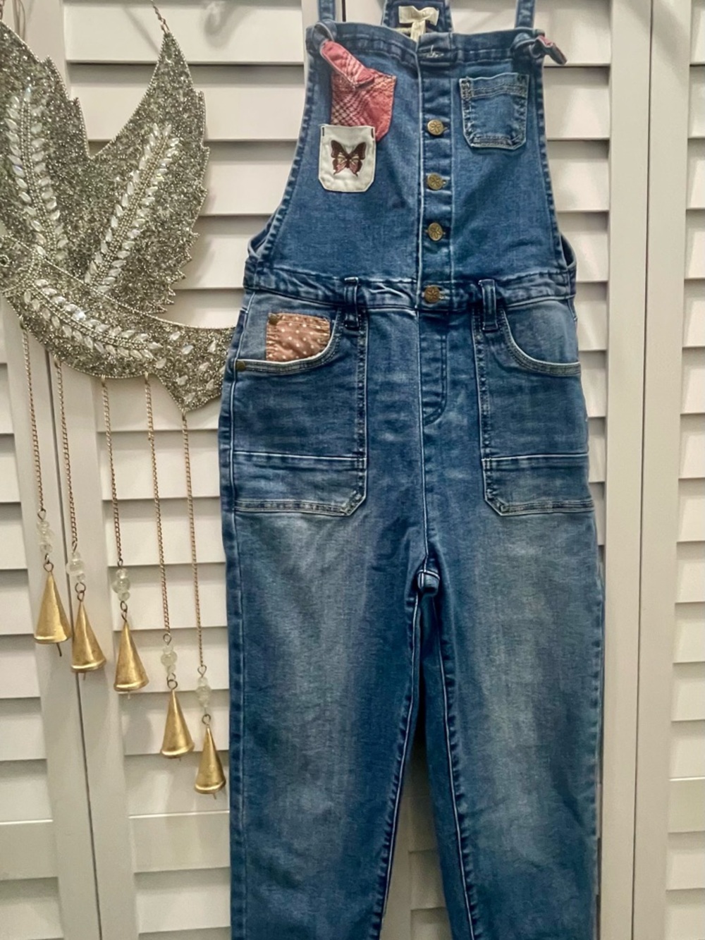 Matilda Jane Girls Denim Button-Front Harvest Overalls with Patch Details - Blue